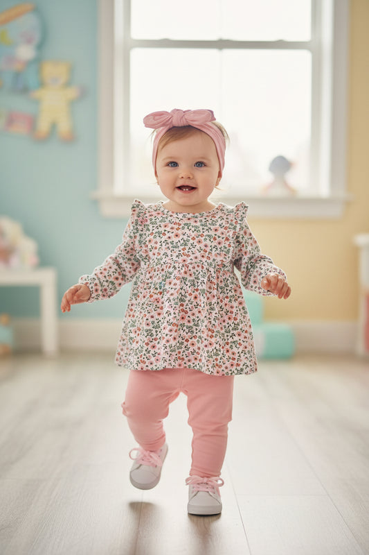 Conjunto 3 piezas bebé polera floral blanca calza rosa y cintillo con moño