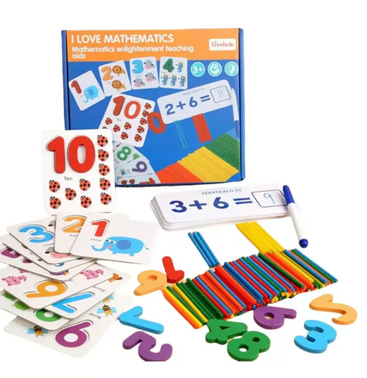 Kit matematicas Montessori I Love Mathematics con numeros foam, palitos arcoiris y flashcards