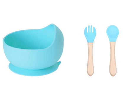 Set Plato Bowl con Ventosa + Cubiertos de Silicona para Bebé