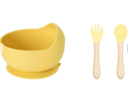 Set Plato Bowl con Ventosa + Cubiertos de Silicona para Bebé