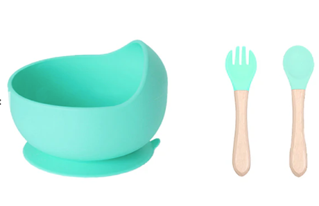 Set Plato Bowl con Ventosa + Cubiertos de Silicona para Bebé