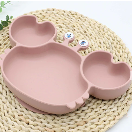 Set Plato Cangrejo con Ventosa + Cubiertos de Silicona para Bebé 🦀🩷