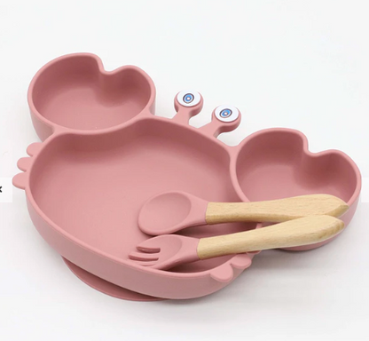 Set Plato Cangrejo con Ventosa + Cubiertos de Silicona para Bebé 🦀🩷