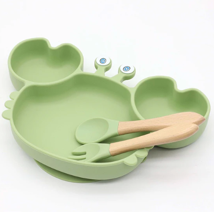 Set Plato Cangrejo con Ventosa + Cubiertos de Silicona para Bebé 🦀🩷