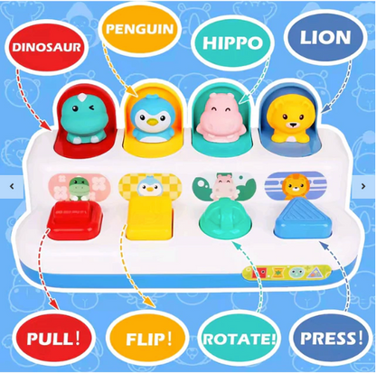 Juguete Pop-Up de Animales 4 en 1 – Dinosaurio, Pingüino, Hipopótamo y León