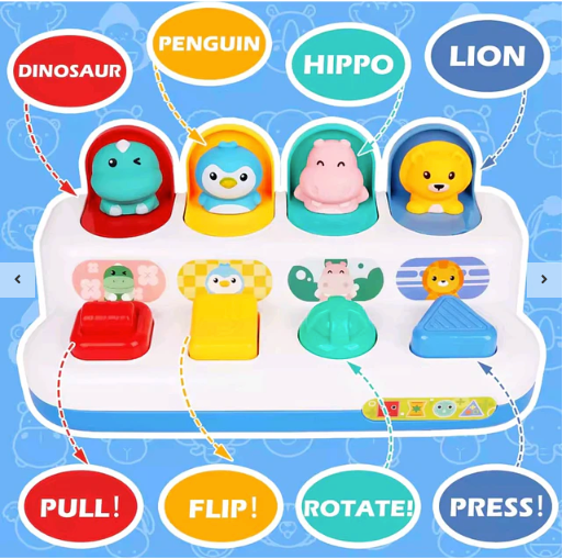 Juguete Pop-Up de Animales 4 en 1 – Dinosaurio, Pingüino, Hipopótamo y León