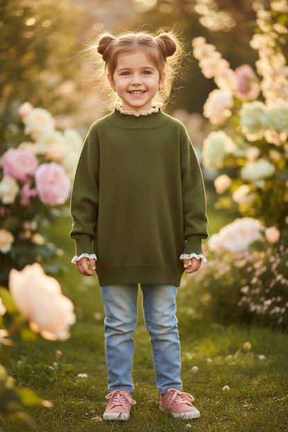 Sweater Tejido Niña con Cuello de Encaje 👸👑