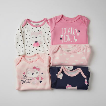 Set de 5 Bodies Manga Larga Gatita y Corazones🩷
