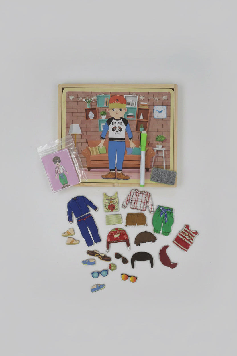 Tablero Educativo Doble Cara🧠 – Puzzle Cambio de Ropa y Pizarra con Letras