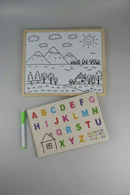 Tablero Educativo Doble Cara🧠 – Puzzle Cambio de Ropa y Pizarra con Letras