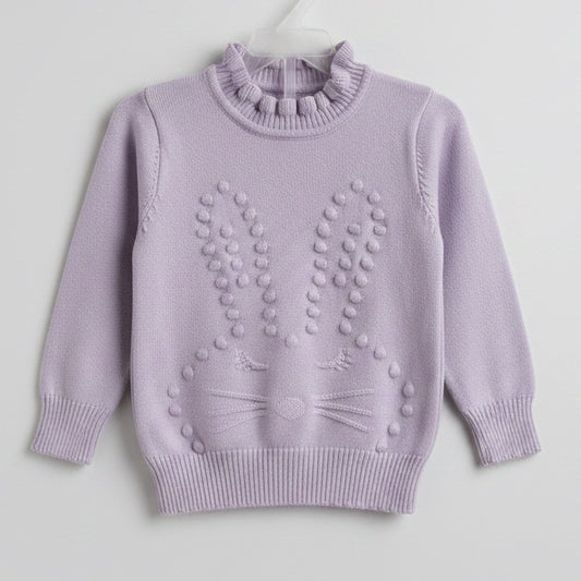 Sweater tejido lila lavanda con diseño de conejita en relieve y pompones para niña