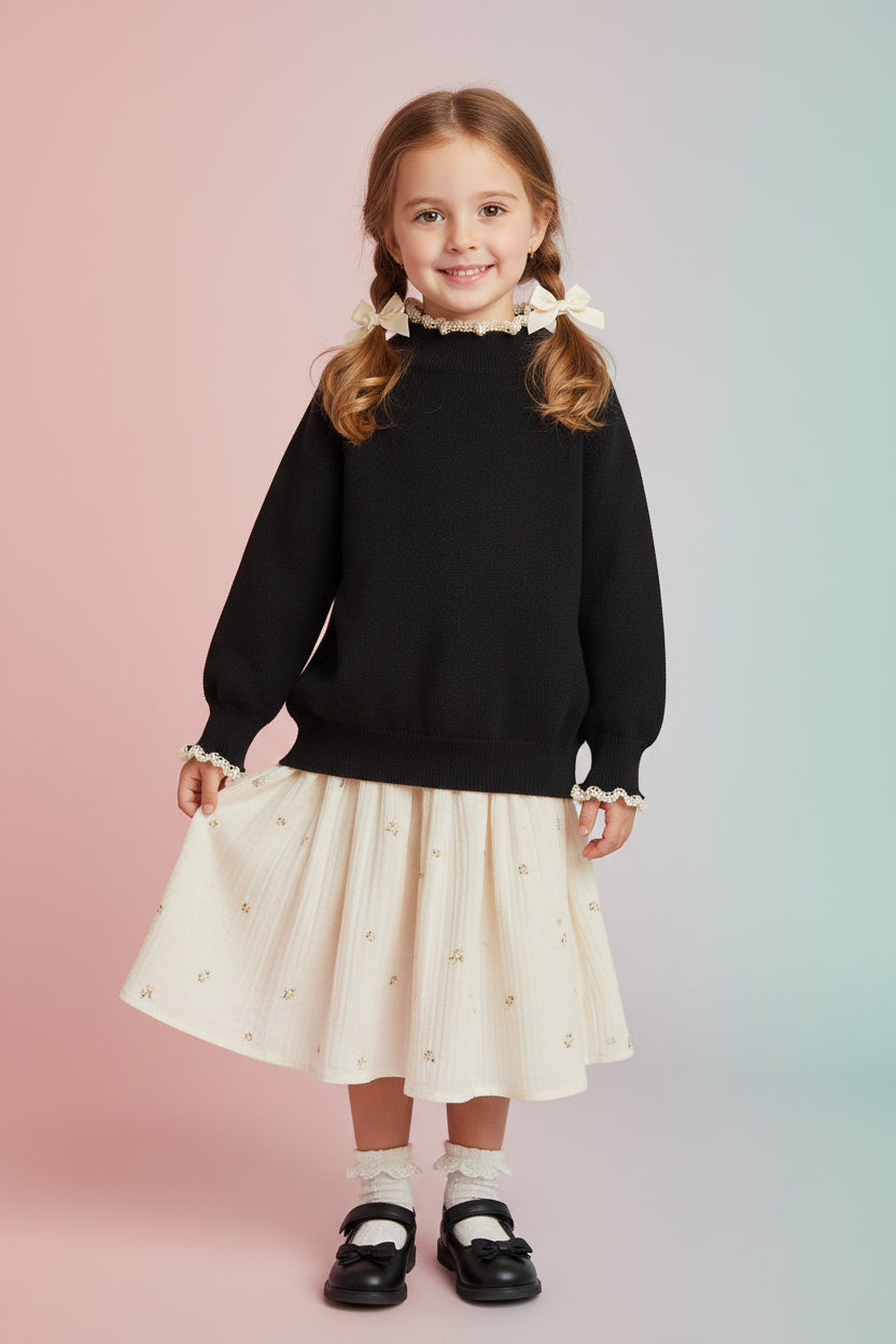 Sweater Tejido Niña con Cuello de Encaje 👸👑