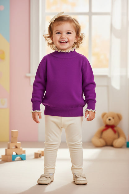 Sweater Tejido Niña con Cuello de Encaje 👸👑