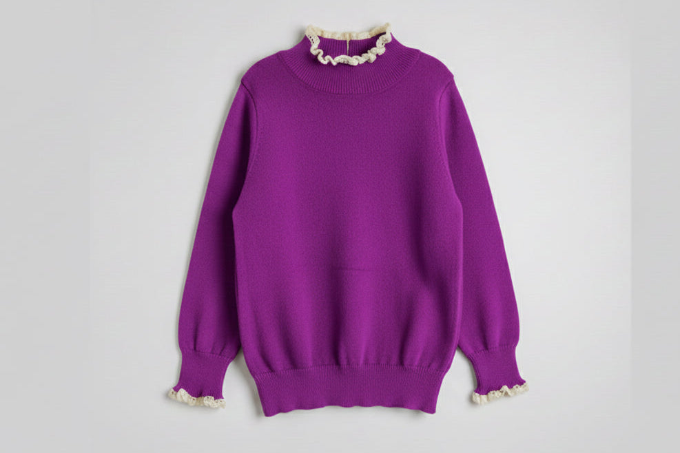 Sweater Tejido Niña con Cuello de Encaje 👸👑