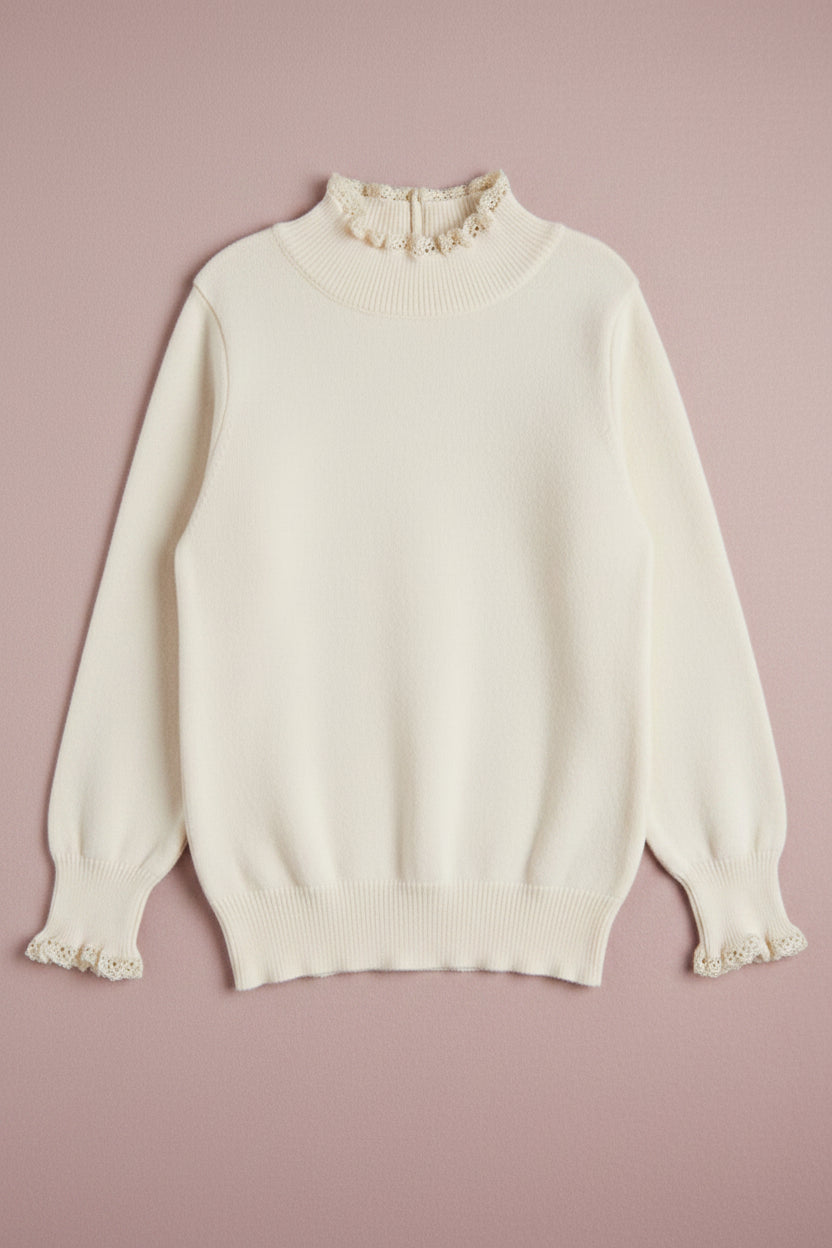 Sweater Tejido Niña con Cuello de Encaje 👸👑