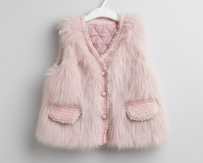 Chaleco peluche rosa empolvado con perlas, tweed y botones nacarados para niña