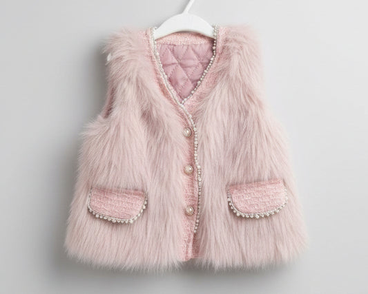 Chaleco peluche rosa empolvado con perlas, tweed y botones nacarados para niña