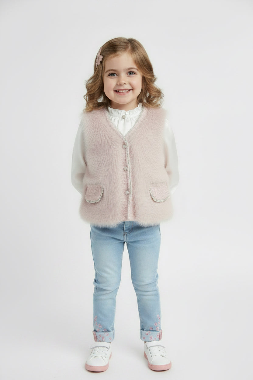 Chaqueta Peluda Vintage Niña con Perlas 🎀