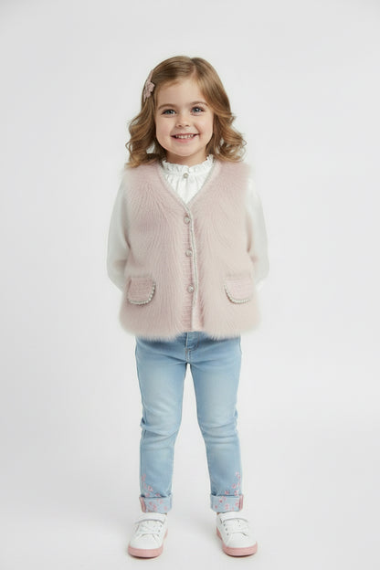 Chaqueta Peluda Vintage Niña con Perlas 🎀