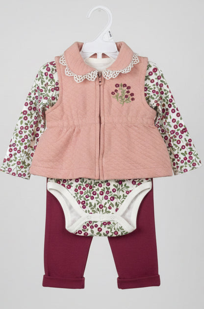 Conjunto 3 piezas bebé chaleco acolchado rosa body floral y pantalón vino