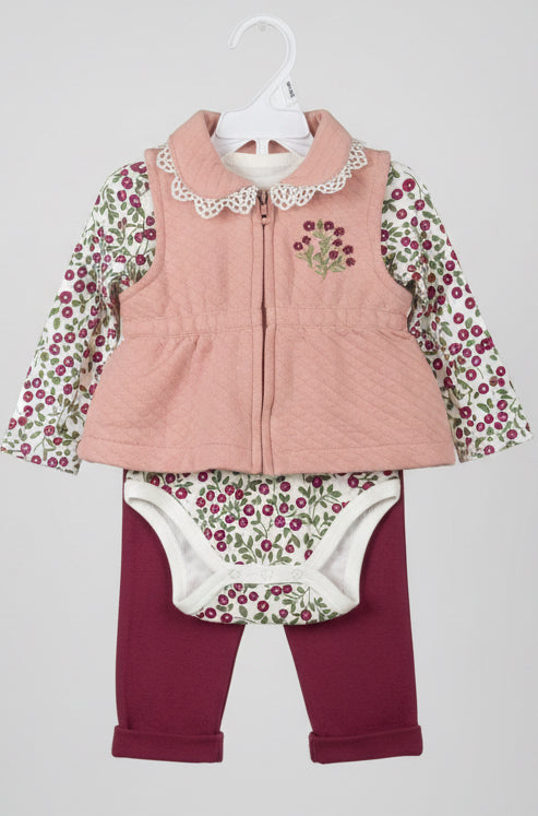 Conjunto 3 piezas bebé chaleco acolchado rosa body floral y pantalón vino