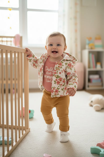 Conjunto 3 piezas bebé chaqueta floral body rosa y pantalón mostaza