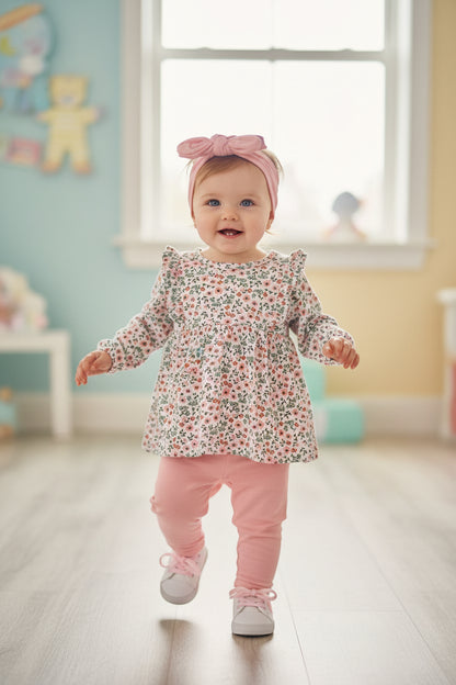 Conjunto 3 piezas bebé polera floral blanca calza rosa y cintillo con moño