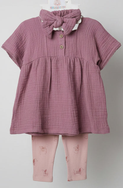 Conjunto 3 piezas de muselina lila para bebé: túnica con botones y puntilla, calzas y cintillo con moño