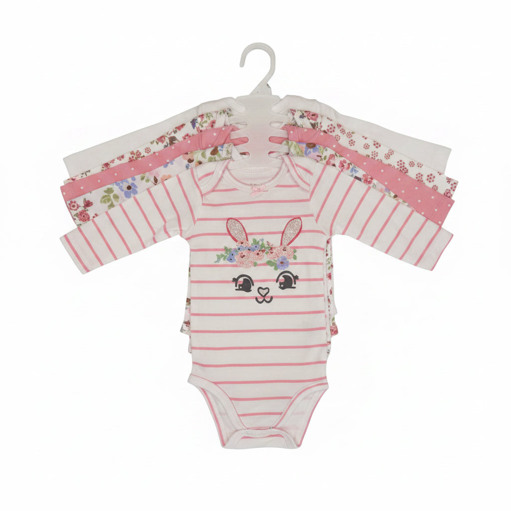 Pack de 5 bodies de algodón para bebé en tonos rosado y blanco con diseño de conejita bordada