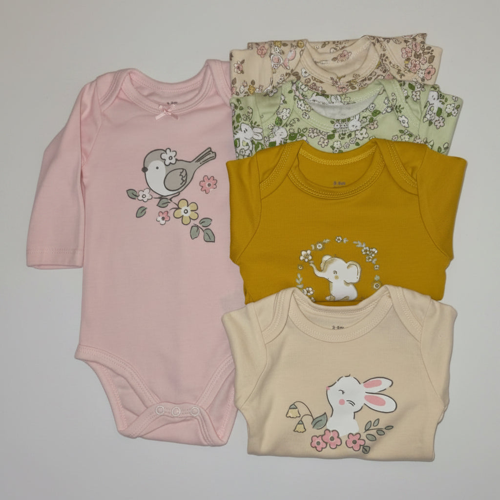 Pack de 5 bodies manga larga de algodón para bebé con diseños de pajarito, elefante, conejita y flores
