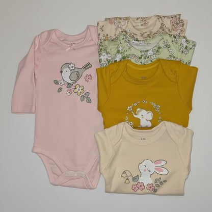 Pack de 5 bodies manga larga de algodón para bebé con diseños de pajarito, elefante, conejita y flores