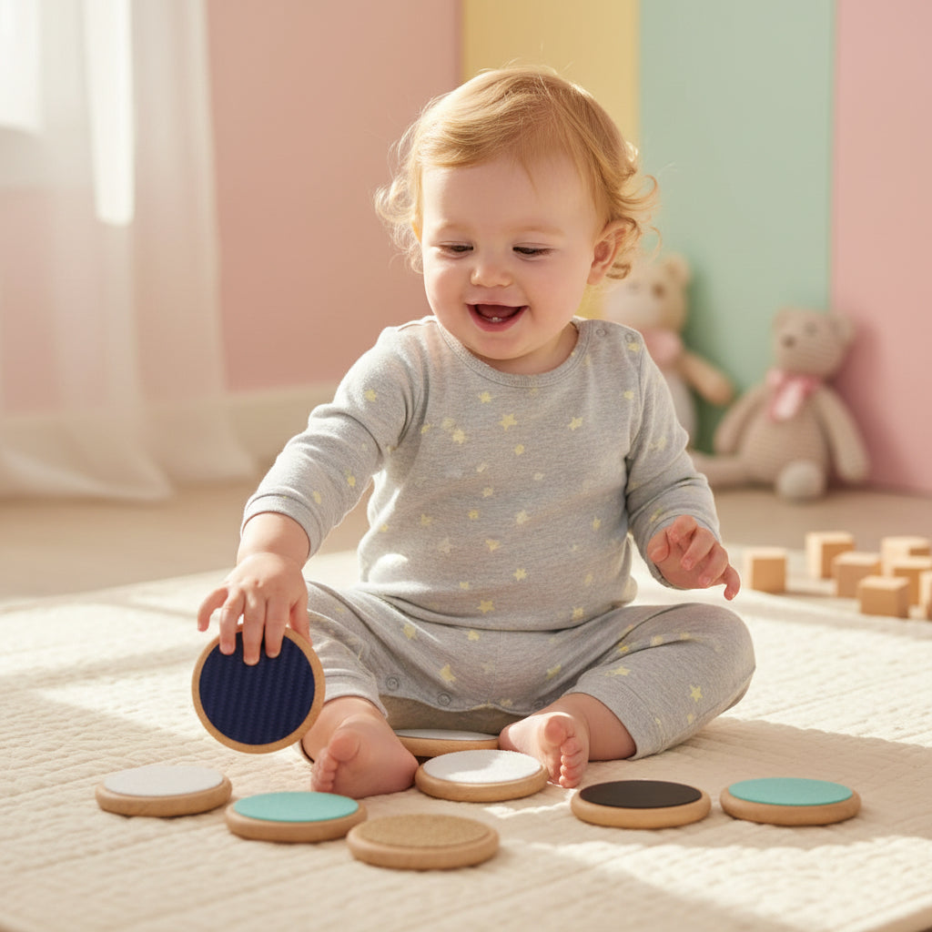 Set de 7 discos sensoriales de madera con diferentes texturas y colores para estimulación de bebés