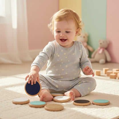 Set de 7 discos sensoriales de madera con diferentes texturas y colores para estimulación de bebés